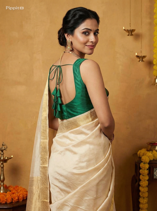 Green Silk Blouse for Women | Sweetheart Neckline, Padded, Sleeves attached, Size Alterable 40 - 46