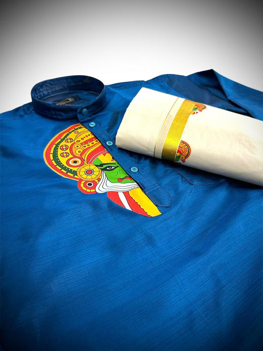 Blue Kathakali Printed Kurtha and Dhoti Combo