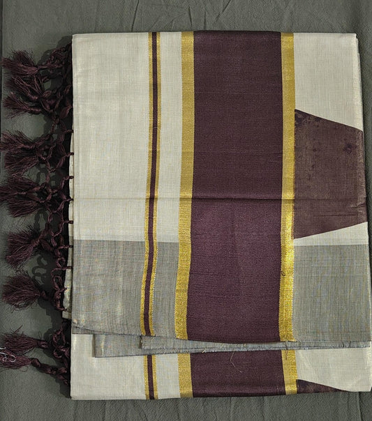 Kerala Set Saree with Brown Border & Cone Design