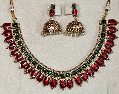 Kovai Neck Set Red With Green Design