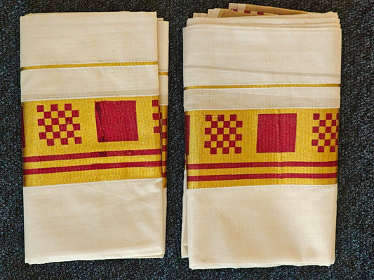 Set Mundu with Dark Red & Golden Check Pallu 3 Inch Kasavu