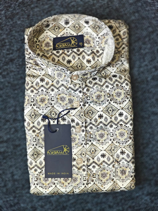 Ivory Ethnic Print Kurta Shirt for Men
