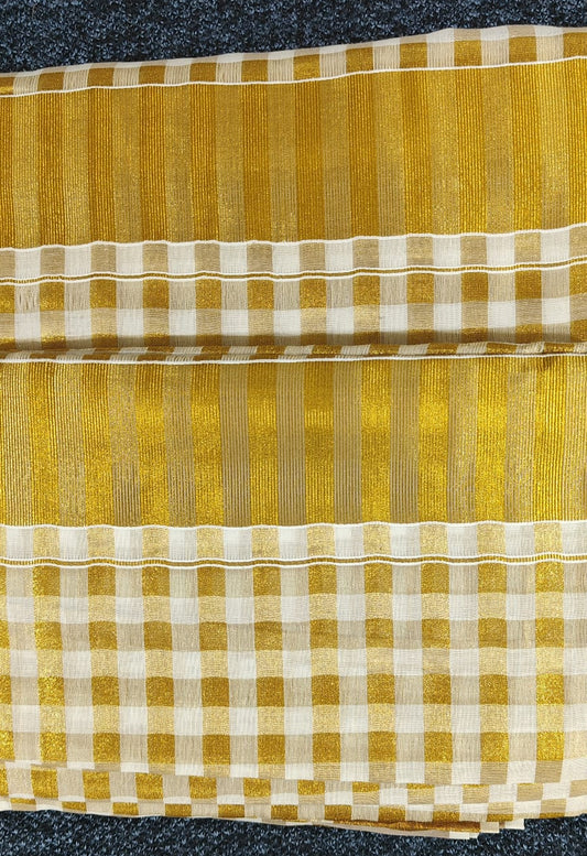 Golden Check Kasavu Tissue Cotton 1-Min Ready-to-Wear Saree