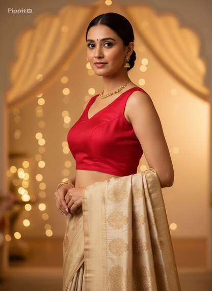 Red Silk Blouse for Women | Sweetheart Neckline, Padded, Sleeves attached, Size Alterable 40 - 46