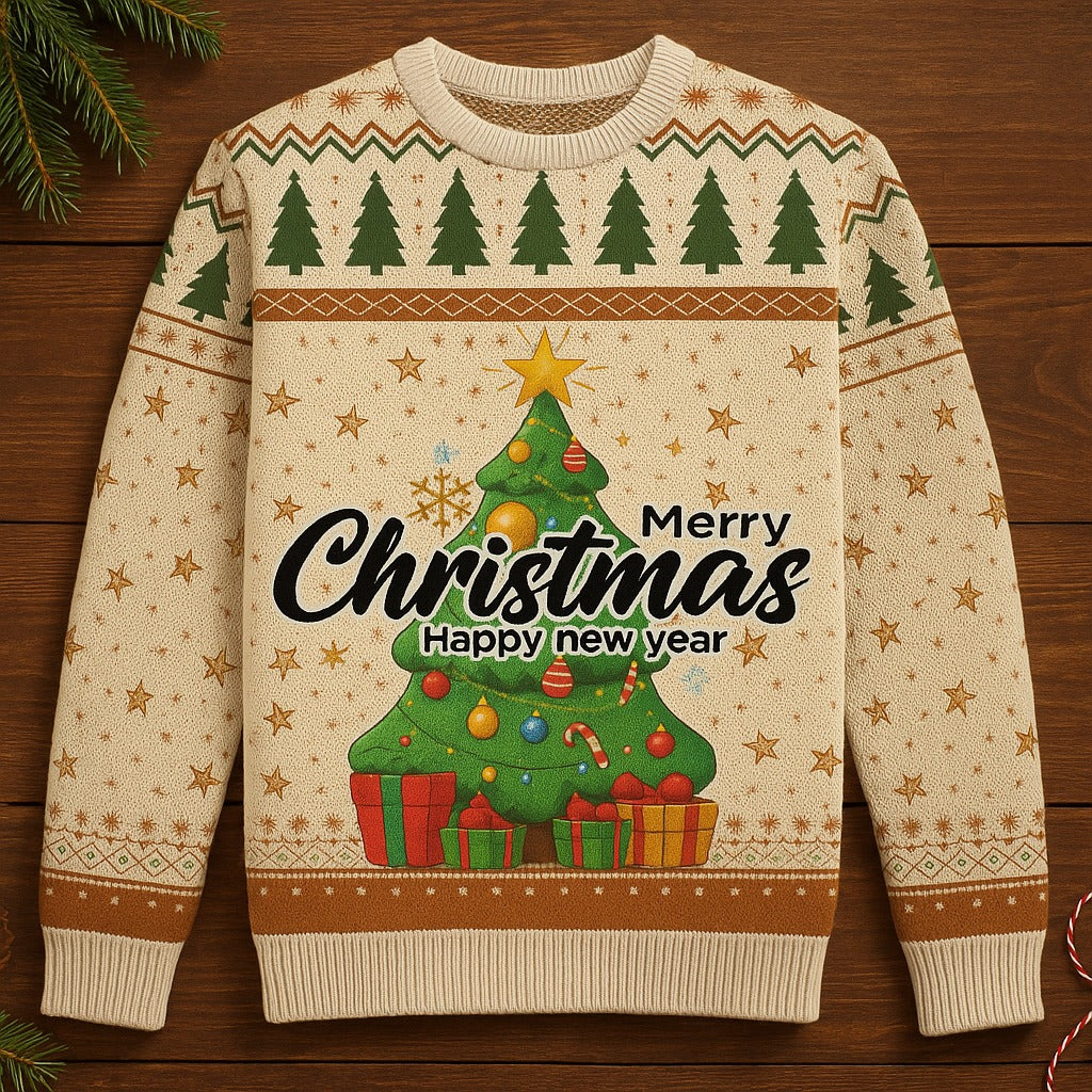 Christmas-themed sweater with festive design on a wooden background