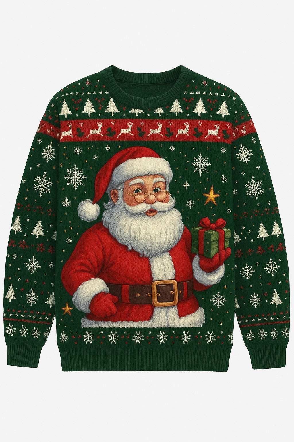 Christmas sweater with Santa Claus holding a gift on a green sweater