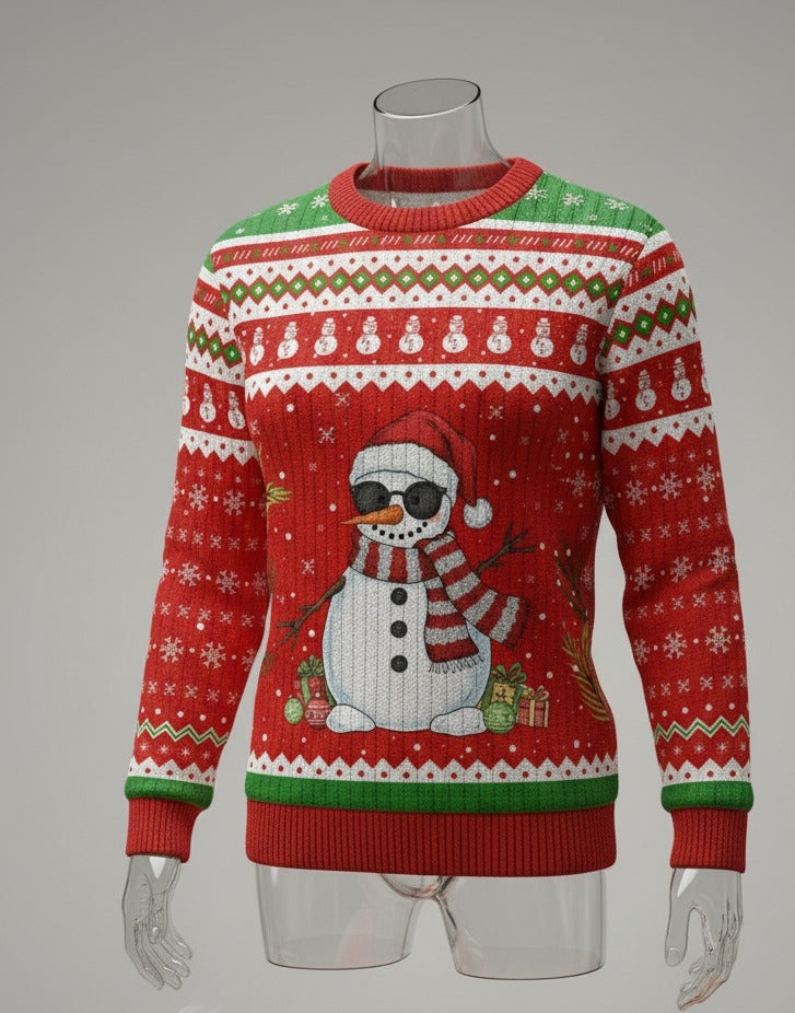 Unisex Red Christmas Snowman Full Sleeve T-Shirt