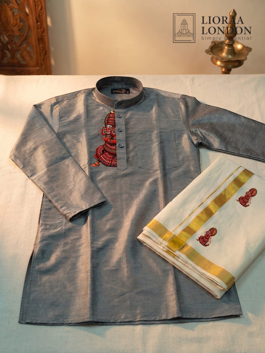 Lioraa London Ltd grey cotton-silk kurta with traditional Kathakali print paired with an off-white Kasavu dhoti.