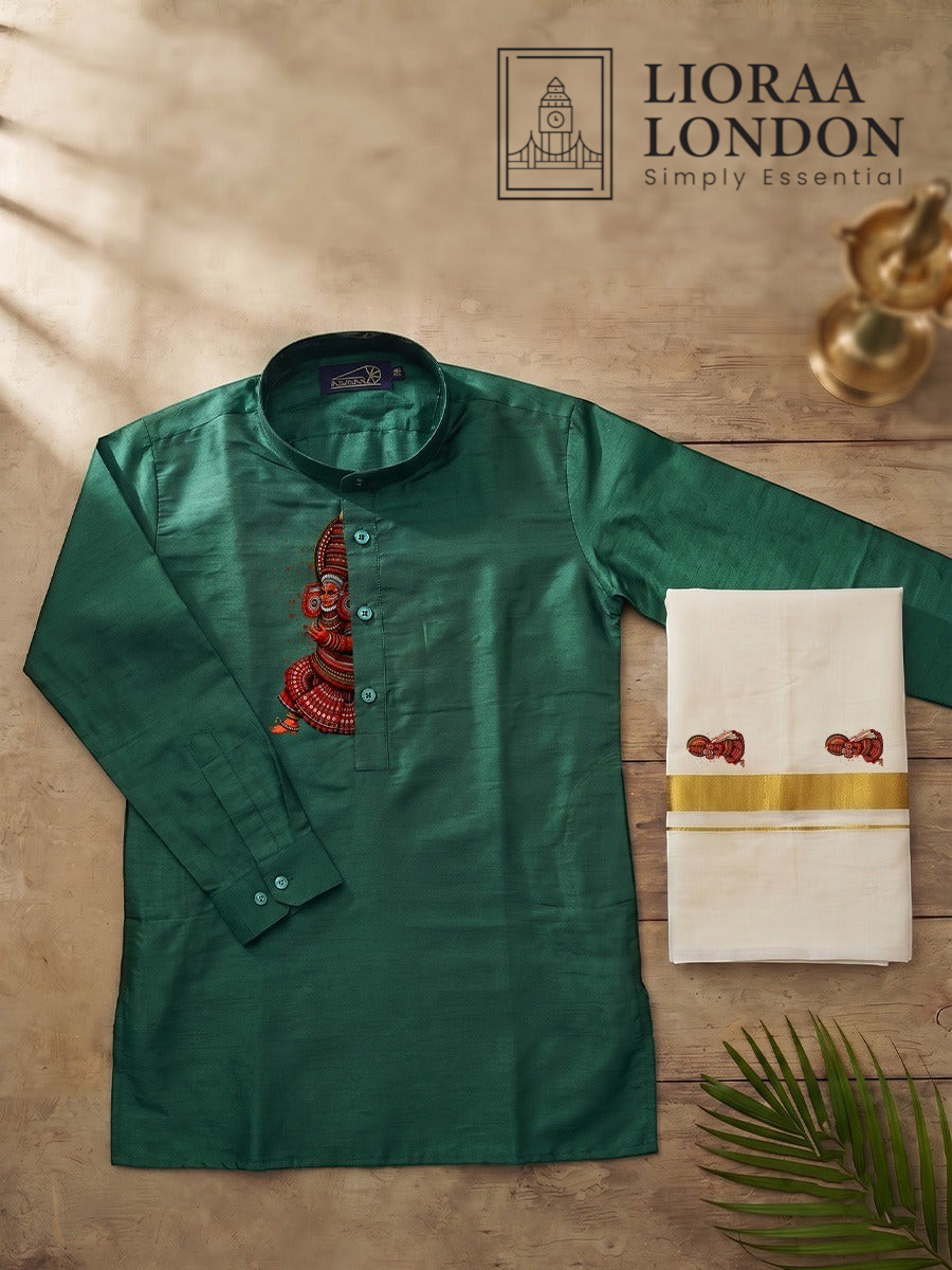 Lioraa London Ltd green cotton-silk kurta with Kathakali print paired with an off-white Kasavu dhoti on wooden floor