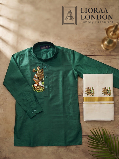 Lioraa London Ltd green cotton-silk kurta with traditional Kathakali print paired with an off-white Kasavu dhoti.