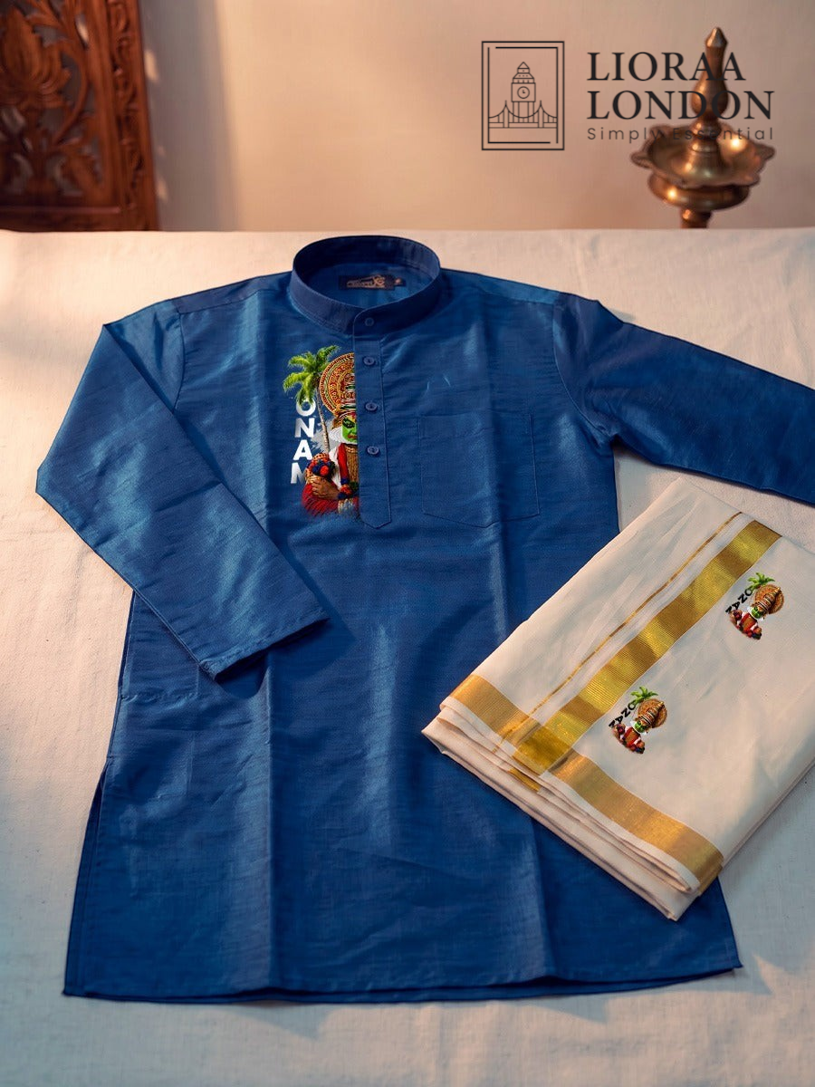 Lioraa London Ltd blue cotton-silk kurta with Kathakali print and off-white Kasavu dhoti with gold border