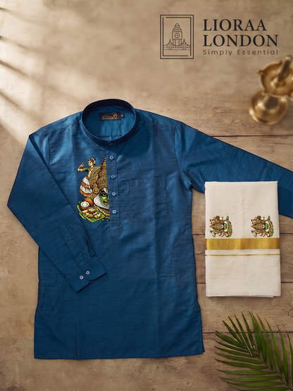 Lioraa London Ltd blue cotton-silk kurta with Kathakali print and off-white Kasavu dhoti with gold border for Onam.