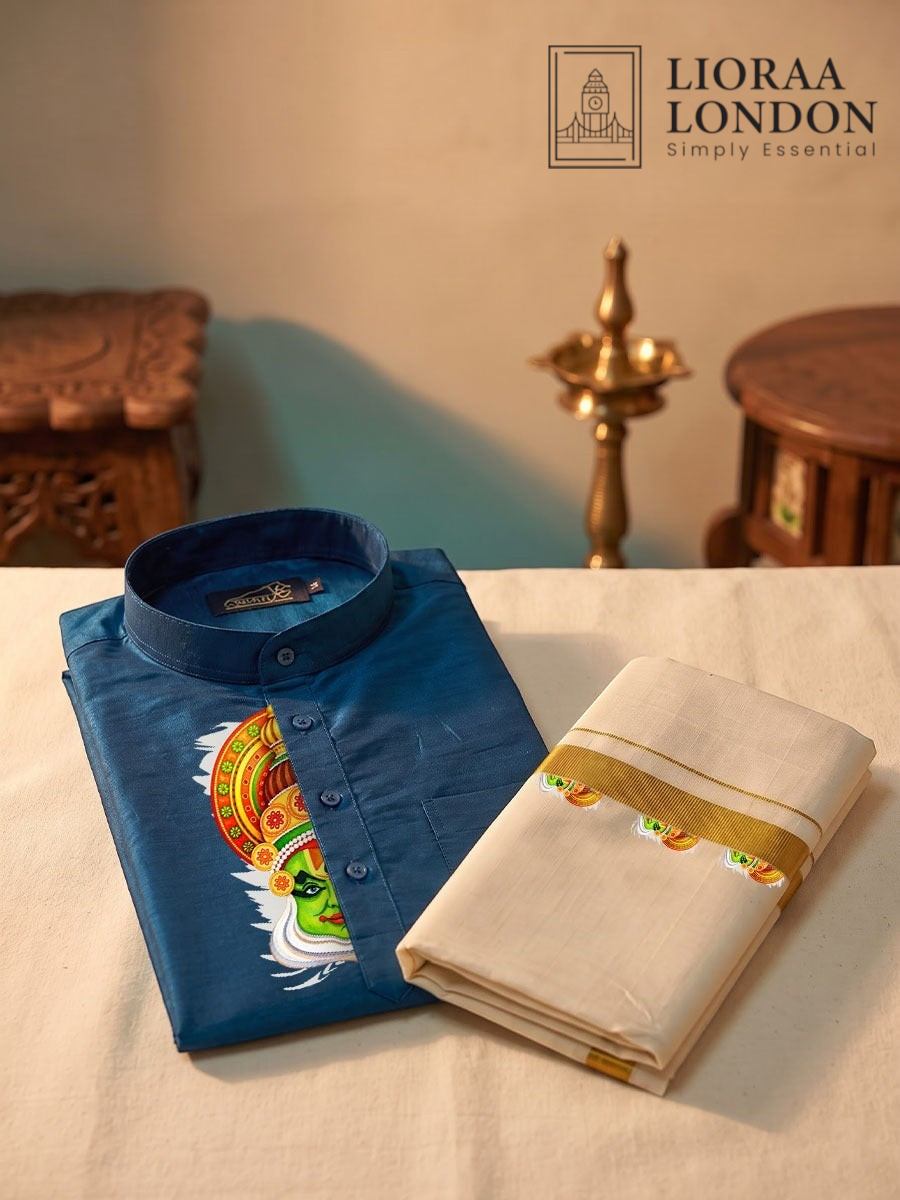 Lioraa London Ltd blue cotton-silk kurta with Kathakali print and off-white Kasavu dhoti with gold border for Onam.