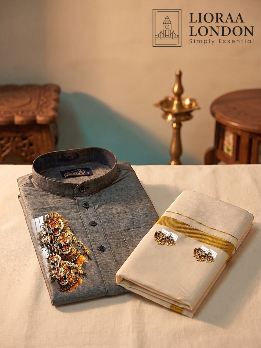 Lioraa London Ltd grey cotton-silk kurta with Pulikali tiger print paired with an off-white Kasavu dhoti for Onam.