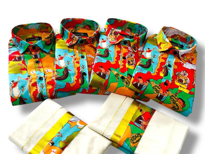 Onam Special Combo Set for Men | Kerala Dhoti & Printed Shirt | Golden Border Mundu | Onam Festival Outfit | Traditional Wear