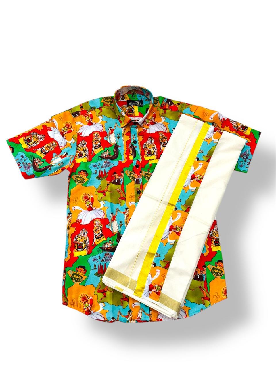 Onam Special Combo Set for Men | Kerala Dhoti & Printed Shirt | Golden Border Mundu | Onam Festival Outfit | Traditional Wear