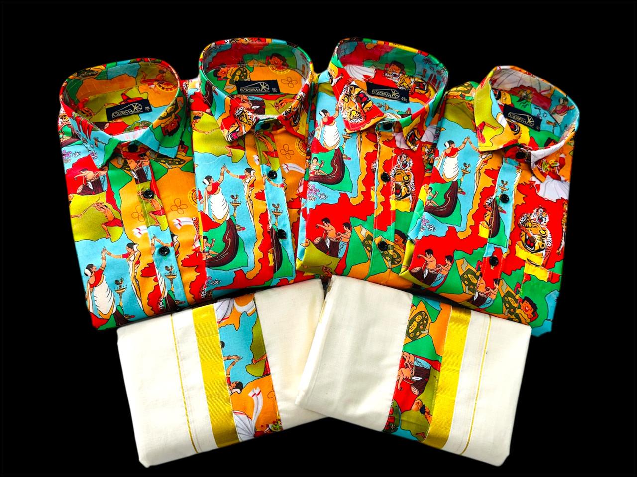 Onam Special Combo Set for Men | Kerala Dhoti & Printed Shirt | Golden Border Mundu | Onam Festival Outfit | Traditional Wear
