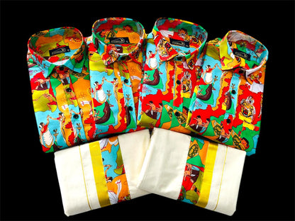 Onam Special Combo Set for Men | Kerala Dhoti & Printed Shirt | Golden Border Mundu | Onam Festival Outfit | Traditional Wear