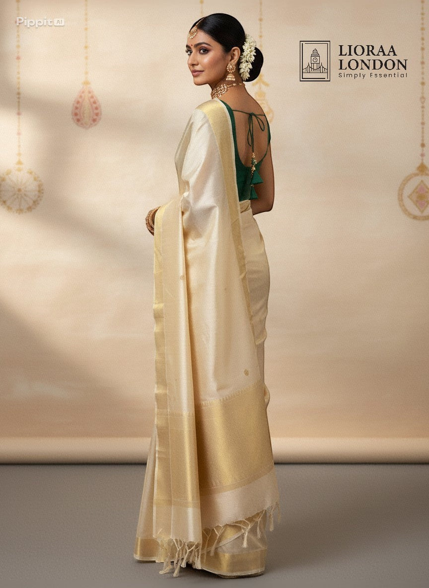 Lioraa London Ltd cream silk saree with gold border and emerald green sleeveless blouse featuring a back tie-up detail.