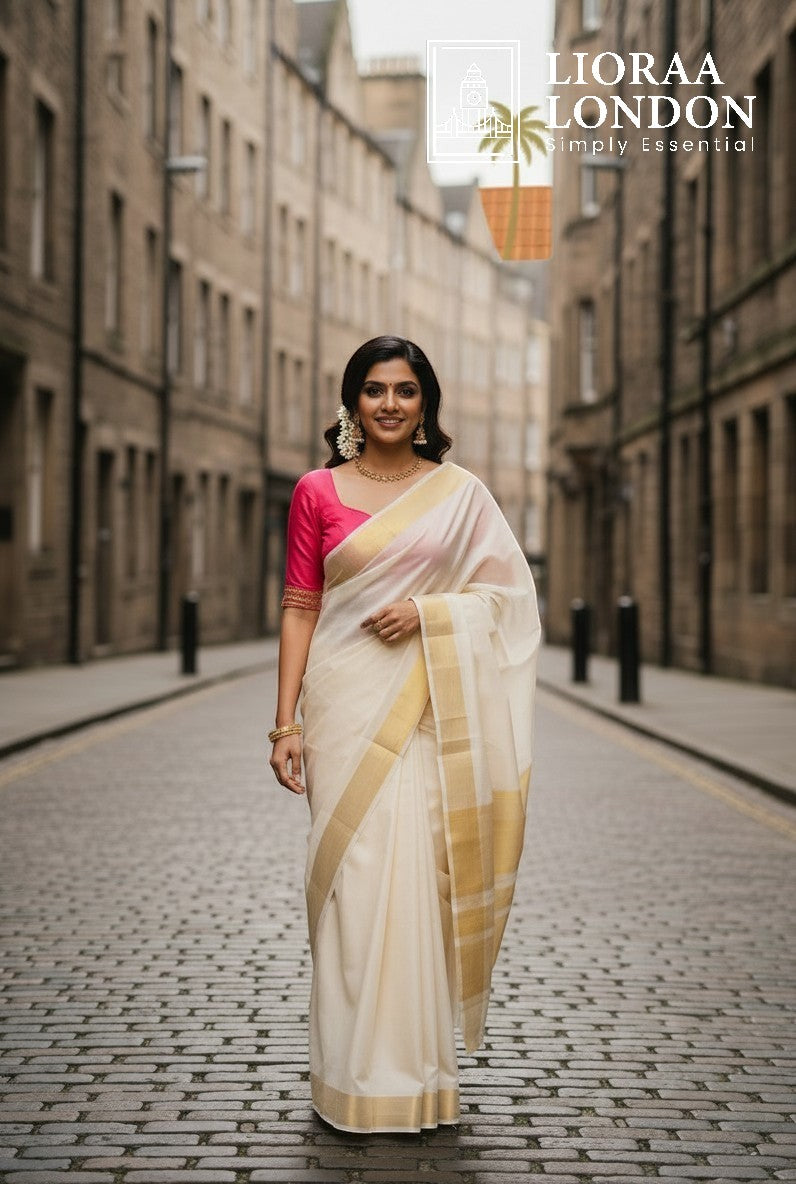 Lioraa London Ltd gajri pink cotton silk blouse with sweetheart neckline worn with a cream and gold saree on a street