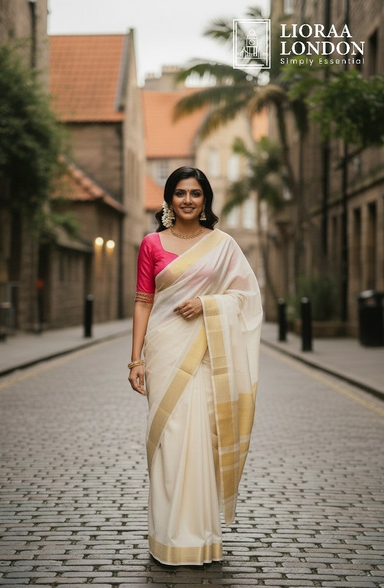 Lioraa London Ltd gajri pink cotton silk blouse with sweetheart neckline worn with a cream and gold saree on a city street