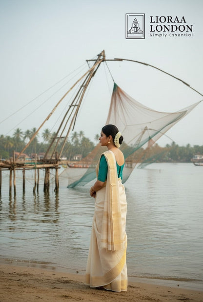Lioraa London Ltd morpeach cotton silk blouse with sweetheart neckline worn with a cream saree by the water