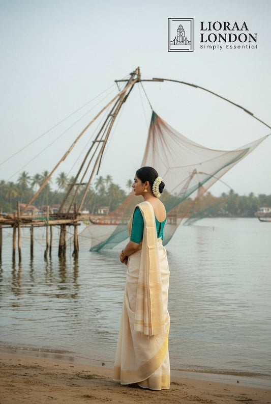 Lioraa London Ltd morpeach cotton silk blouse with sweetheart neckline worn with a cream saree by the water
