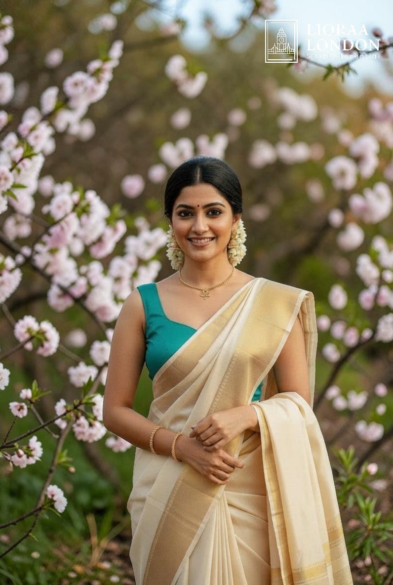 Lioraa London Ltd morpeach cotton silk blouse with sweetheart neckline worn with a cream and gold saree by the sea.