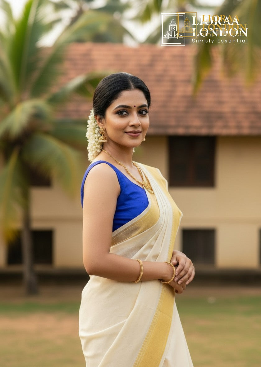 Lioraa London Ltd royal blue cotton silk sleeveless blouse with sweetheart neckline worn with a cream saree