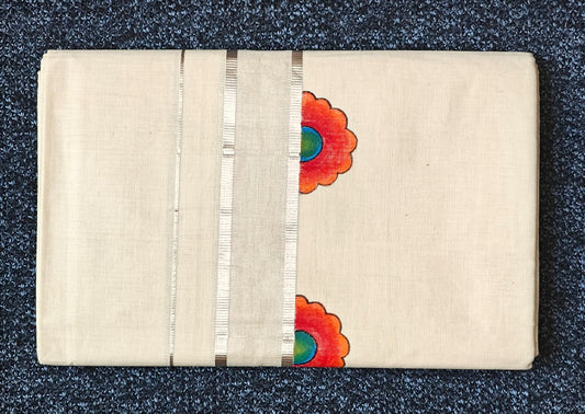 "CHENDA" Printed Double Silver Kasavu Dothi